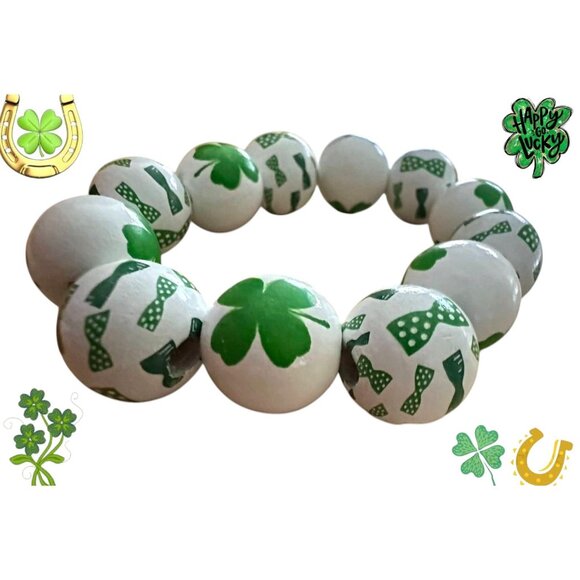 Luck of the Irish Clover Wood Beaded Stretch Bracelet St Patricks Day Ne… - Picture 2 of 12